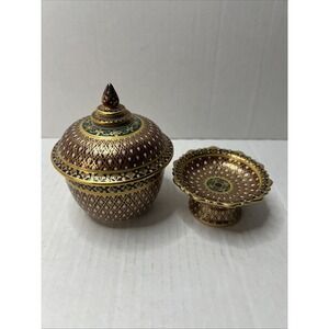 Hand painted Vintage Asian Benjarong Jar Set Rice Or Ginger Jar Thailand 4"